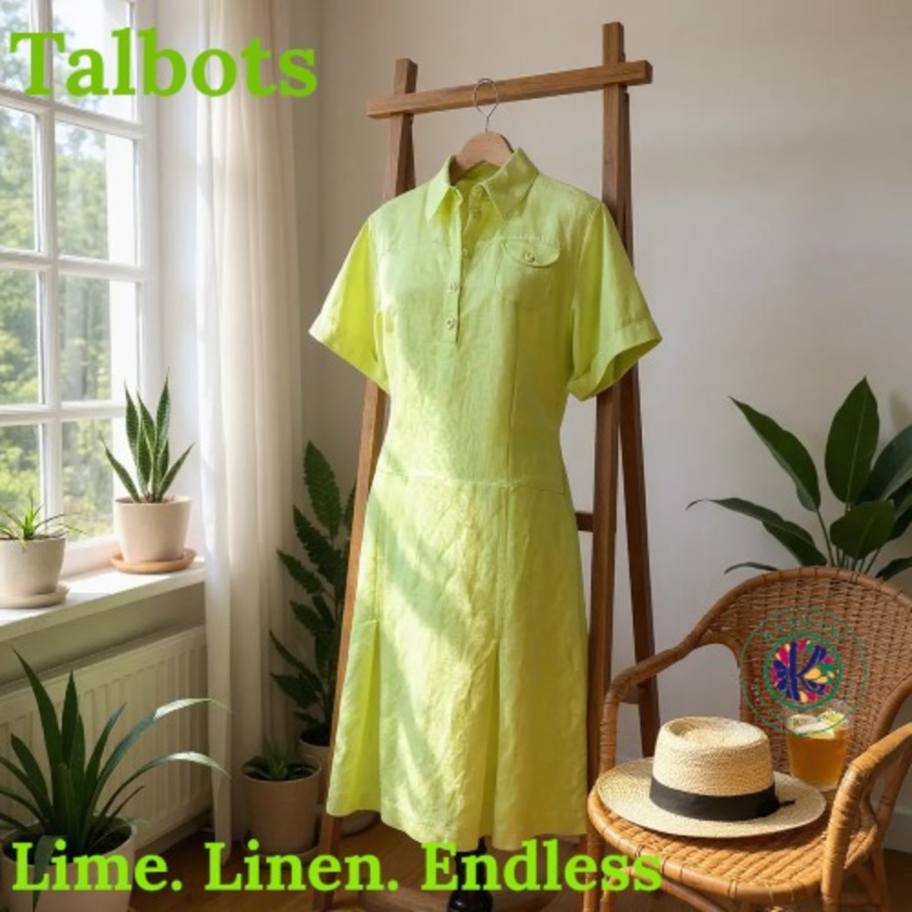 Talbots Women's Linen Blend Pleated Dress | Collared Polo Style | Size 8 | Lime